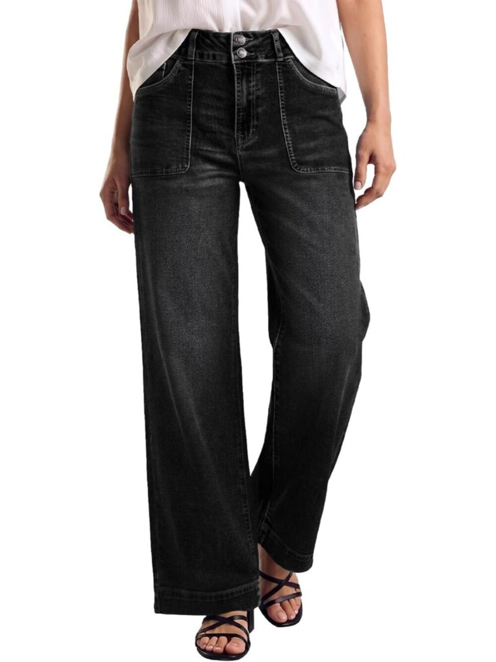 Women's Black Elastic High Waisted Stretchy Front Big Pocket Straight Leg Jeans